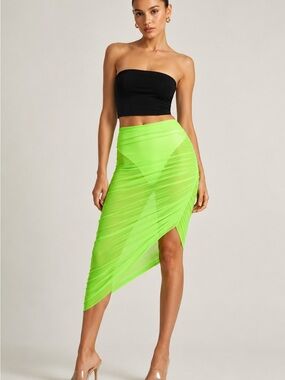 Norma Kamali Diana Long Skirt Neon Green Sheer Mesh Ruched XS NWT
